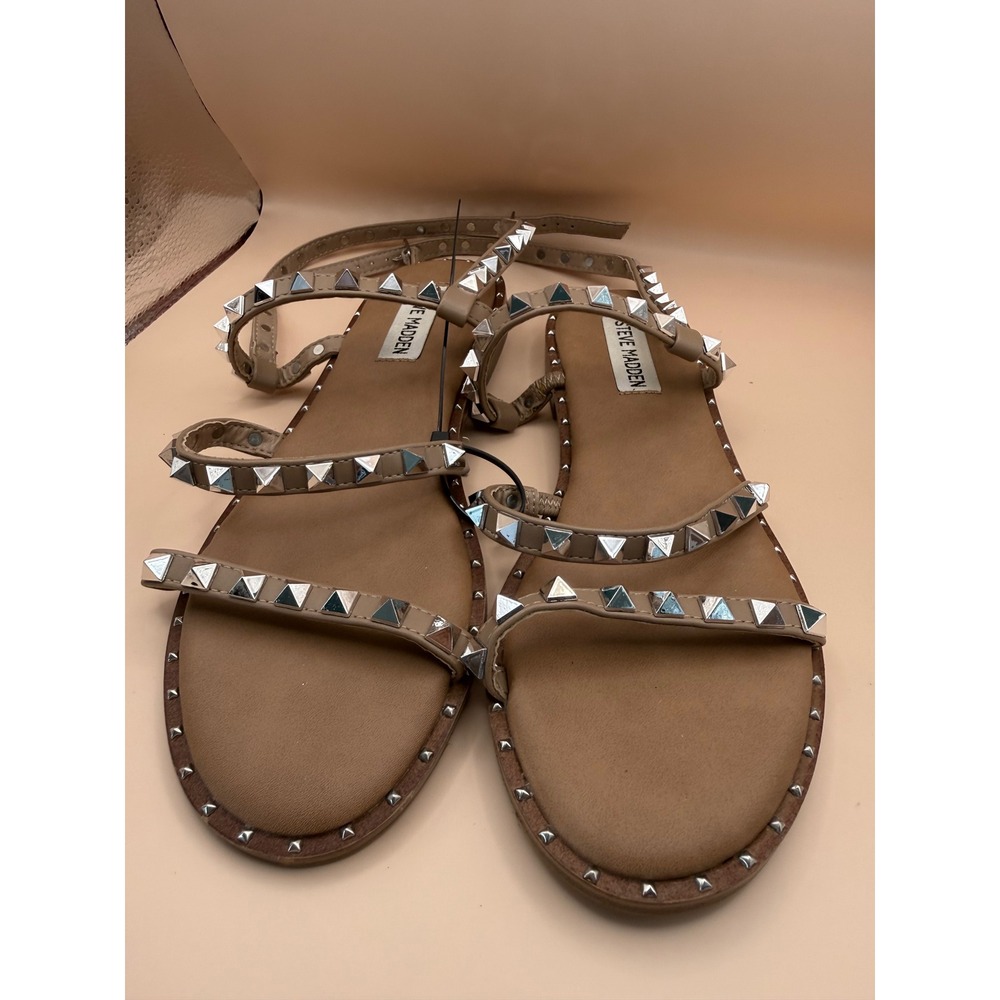 Steve‎ Madden Travel Tan Multi Studded Flat Gladiator Sandals Womens 7 TRAV02S1